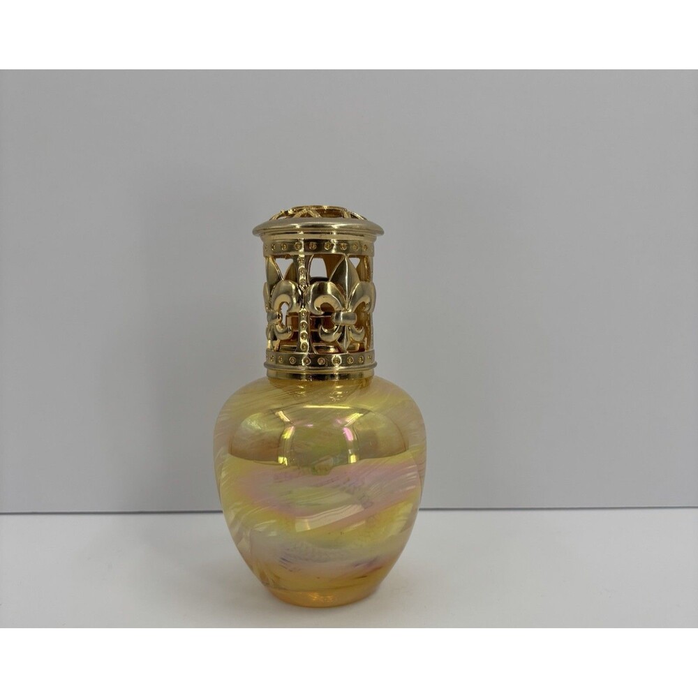 Fragrance Lamp With Diffuser Iridescent Gold With White Swirls Art Glass Base - Picture 4 of 14